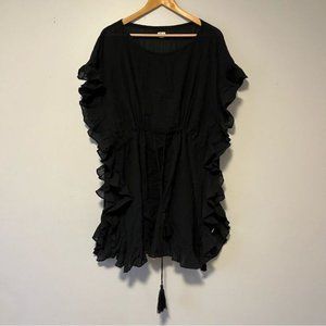Aerie Women's Cover Up Swimwear Tunic Dress Black Tassels Ruffle Size M